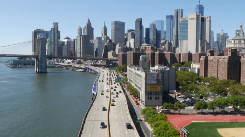 Brooklyn Bridge From Manhattan Bridge New York City Downtown Skyline Financial District Cityscape