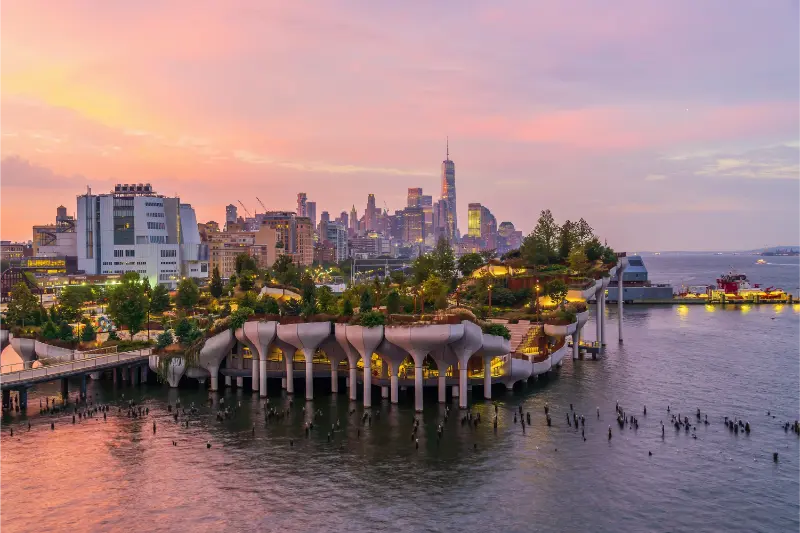 Cityscape Downtown Manhattan Skyline With Little Island Public Park New York City Sunrise 3