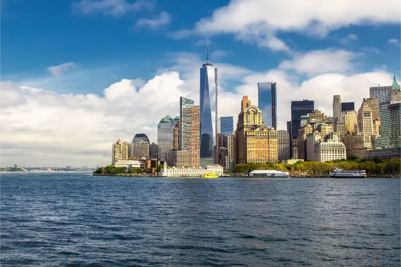 Lower Manhattan Skyline View From Ferry New York City USA