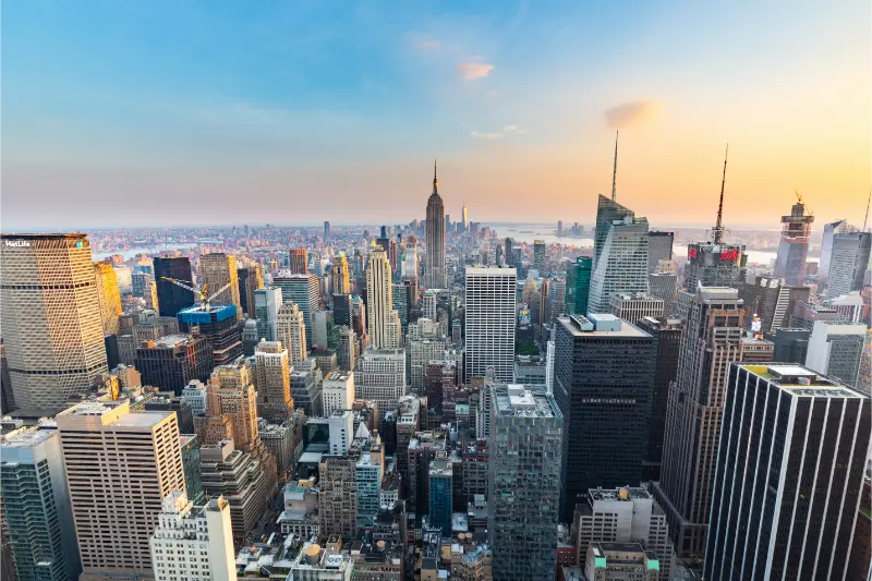Midtown Manhattan skyline at sunset