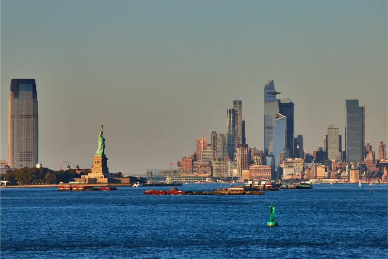 Statue Liberty Golden Light From Ferry With View New York City Skyline Skyscrapers